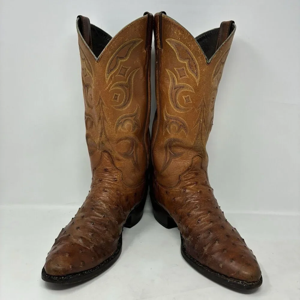 VGUC 8.5 D Justin Boots Full Quill Ostrich Cognac Tan Exotic Men's 8925 Vintage